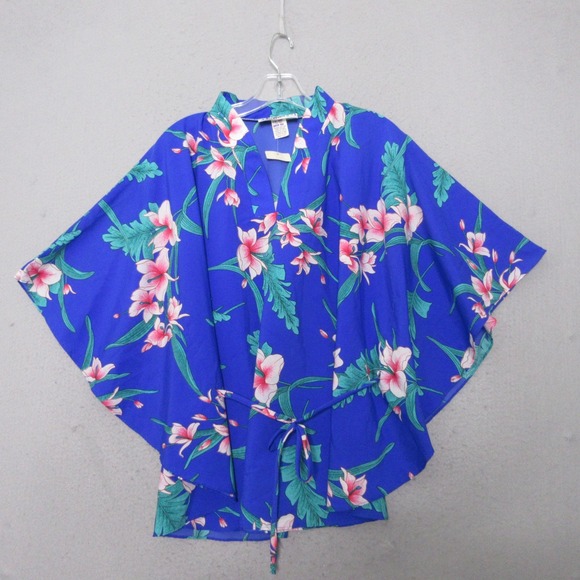 Hilo Hattie Sweaters - Vintage Hilo Hatties Top Poncho Queen Blue Floral Hawaiian Luau Aloha USA NWT